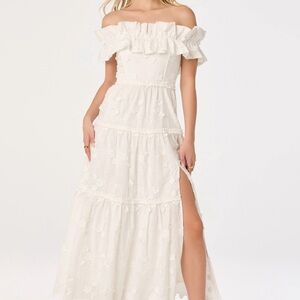 ASTR White Off-Shoulder Eyelet Maxi Dress with Side Slit